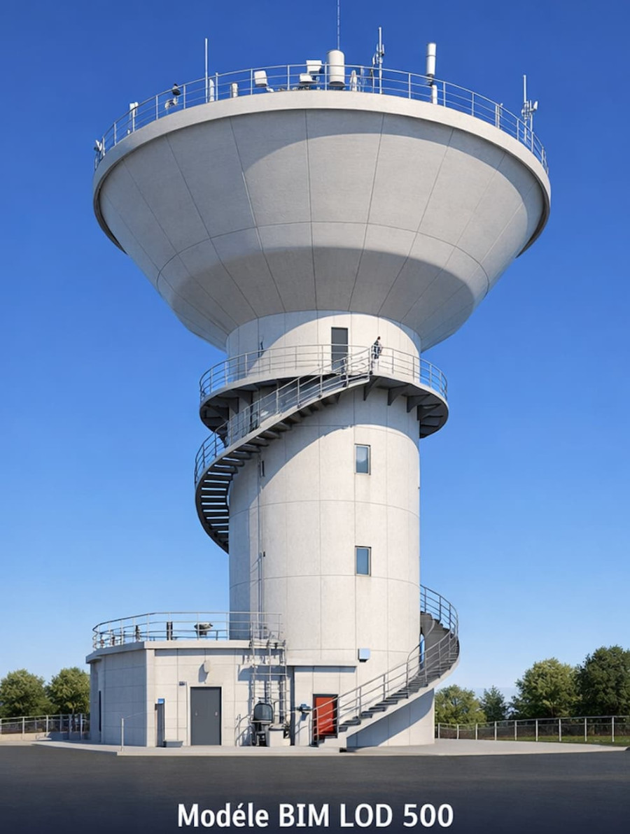 Tour technique en béton avec escalier hélicoïdal et antennes sous ciel bleu