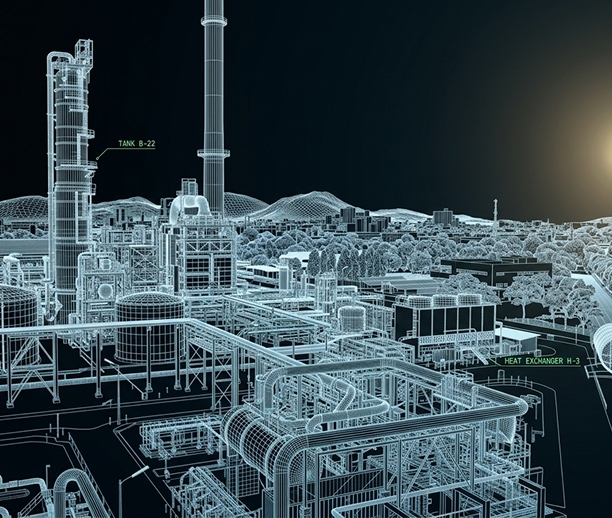 Maquette numérique filaire d'une installation industrielle avec réservoirs et tuyauteries