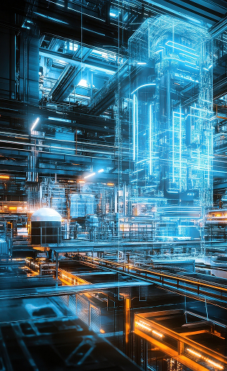 Usine industrielle avec jumeau numérique holographique bleu