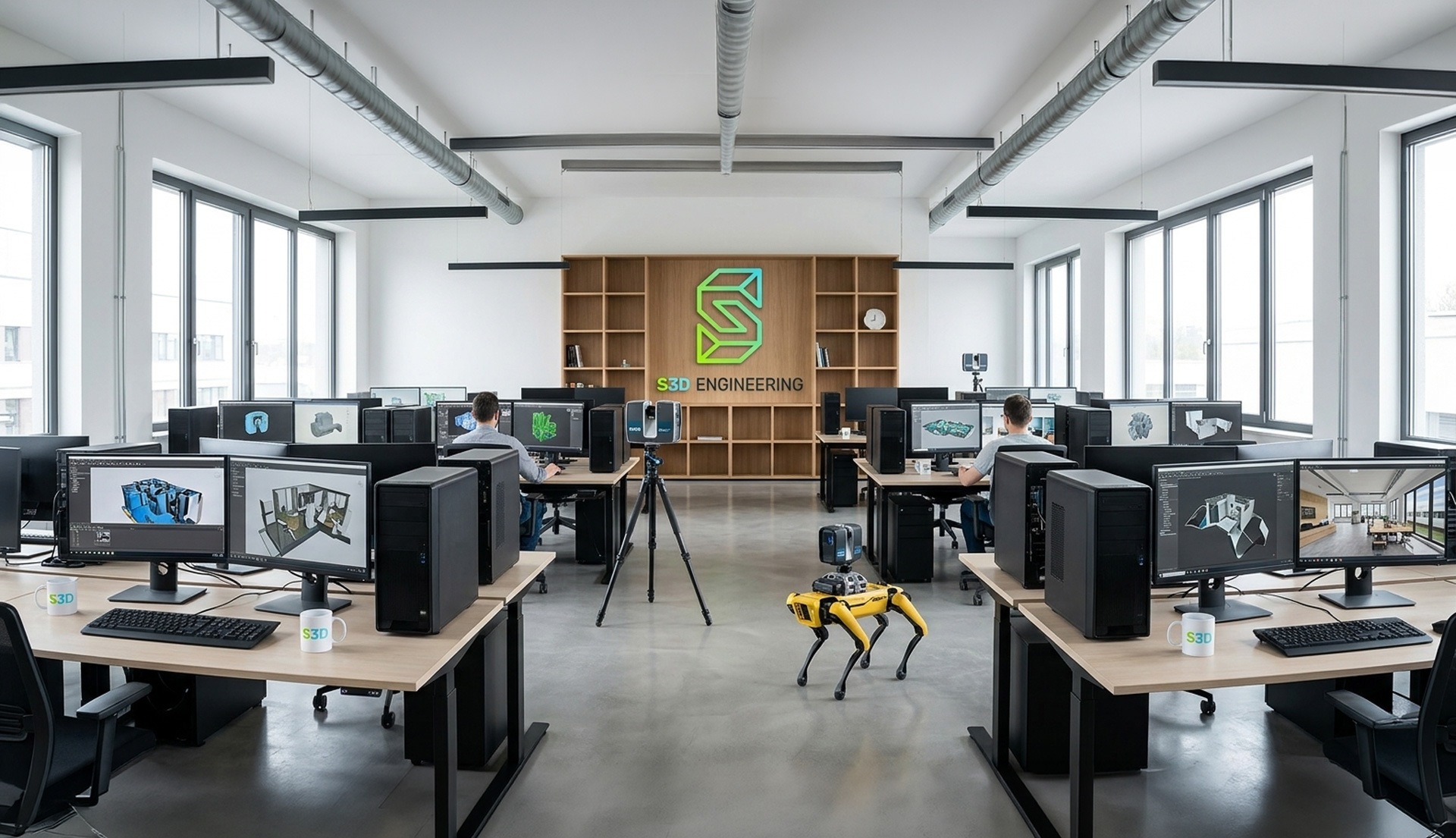 Bureau S3D Engineering avec postes de conception 3D, scanner laser et robot quadrupède