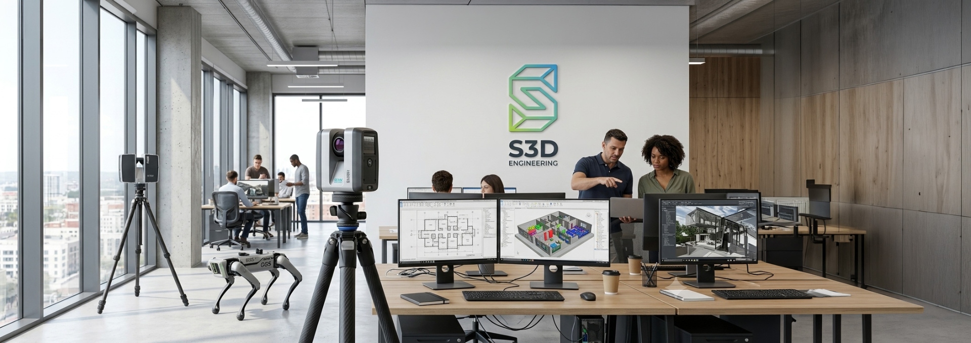 Bureaux S3D Engineering avec scanners laser 3D, robot de numérisation et écrans BIM