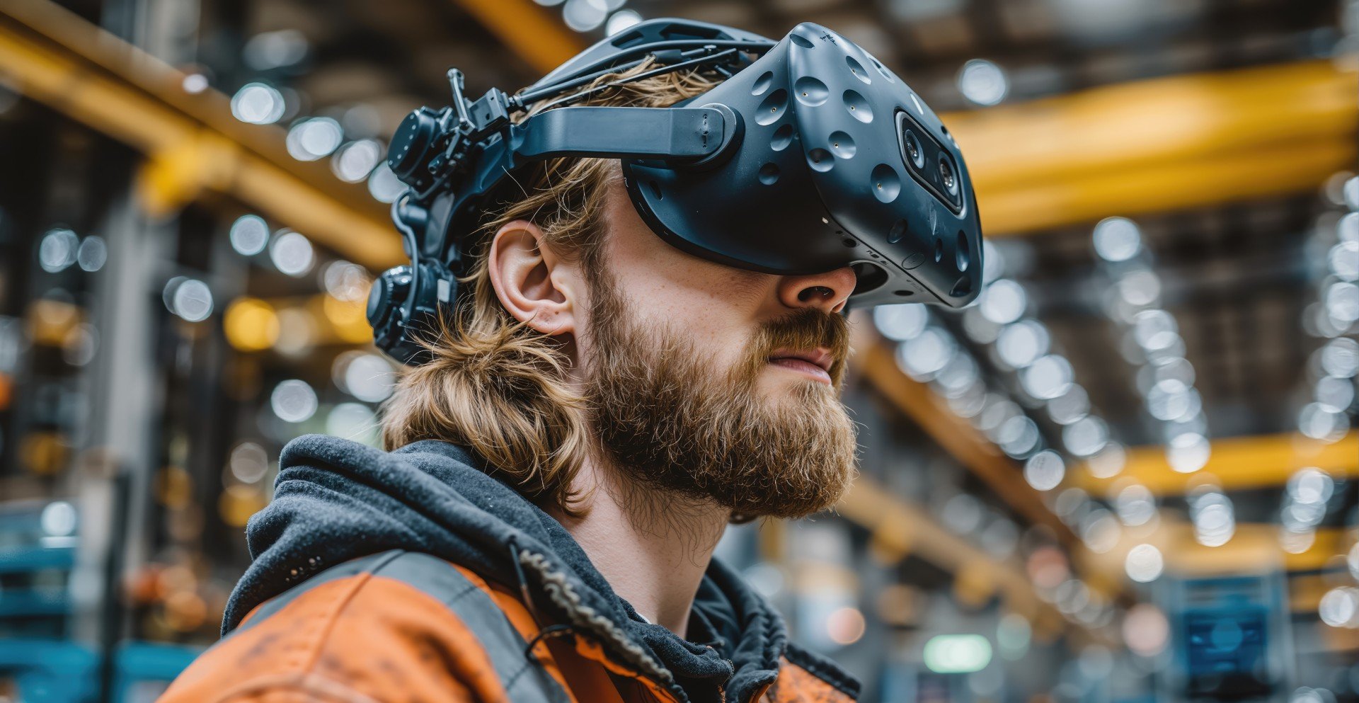 Technicien en casque de réalité virtuelle dans un entrepôt industriel