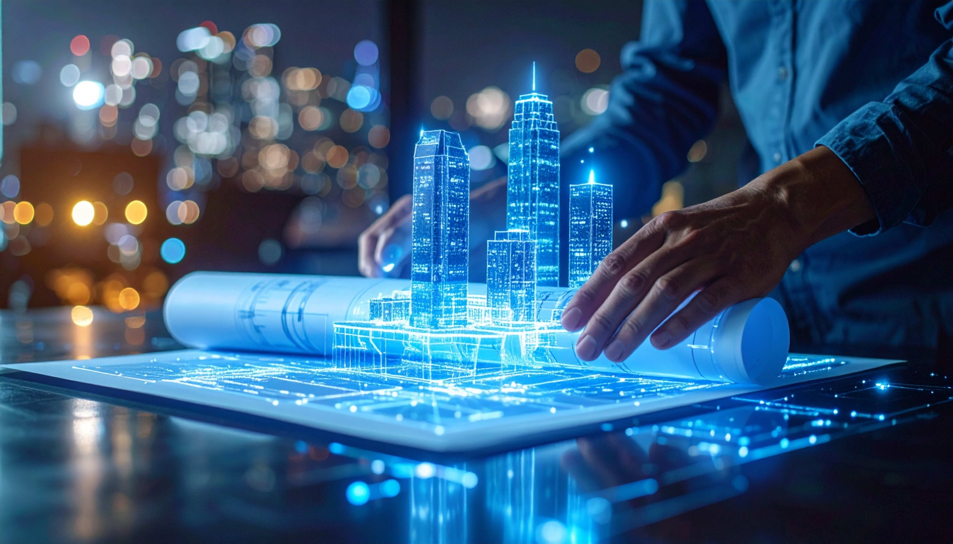 Maquette holographique 3D d'une ville projetée au-dessus d'un plan d'architecte