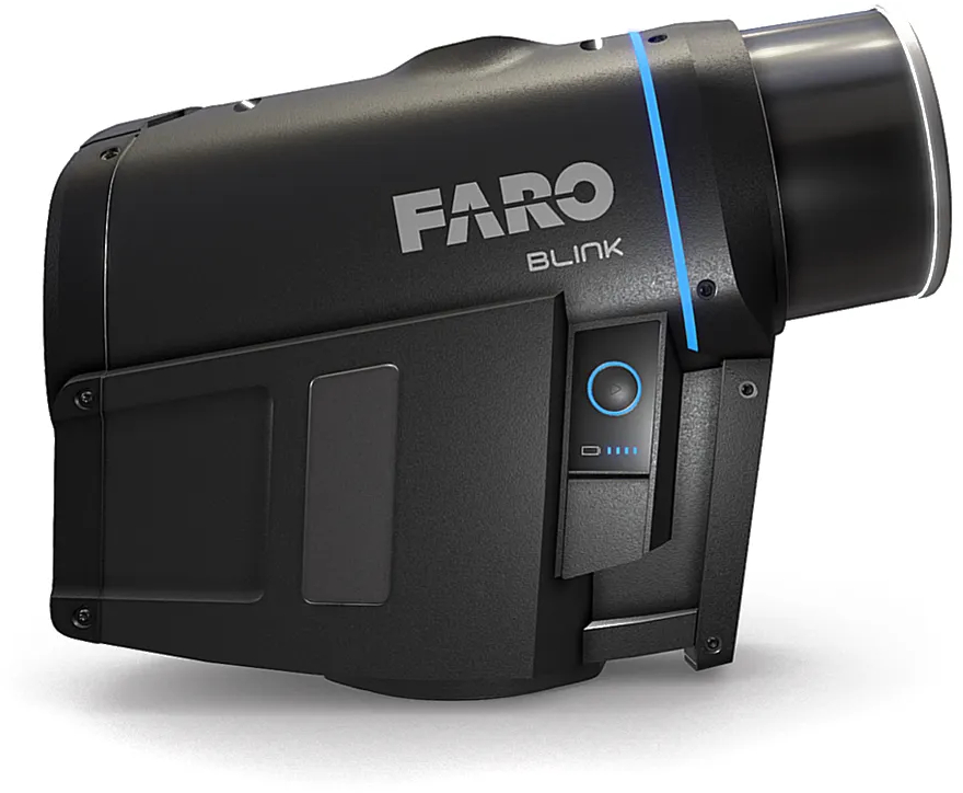 Scanner laser FARO BLINK noir de profil avec indicateurs LED bleus