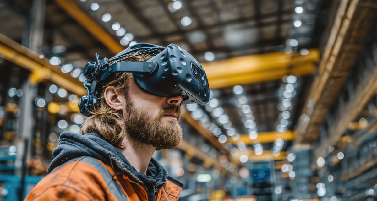 Technicien en casque VR dans un environnement industriel