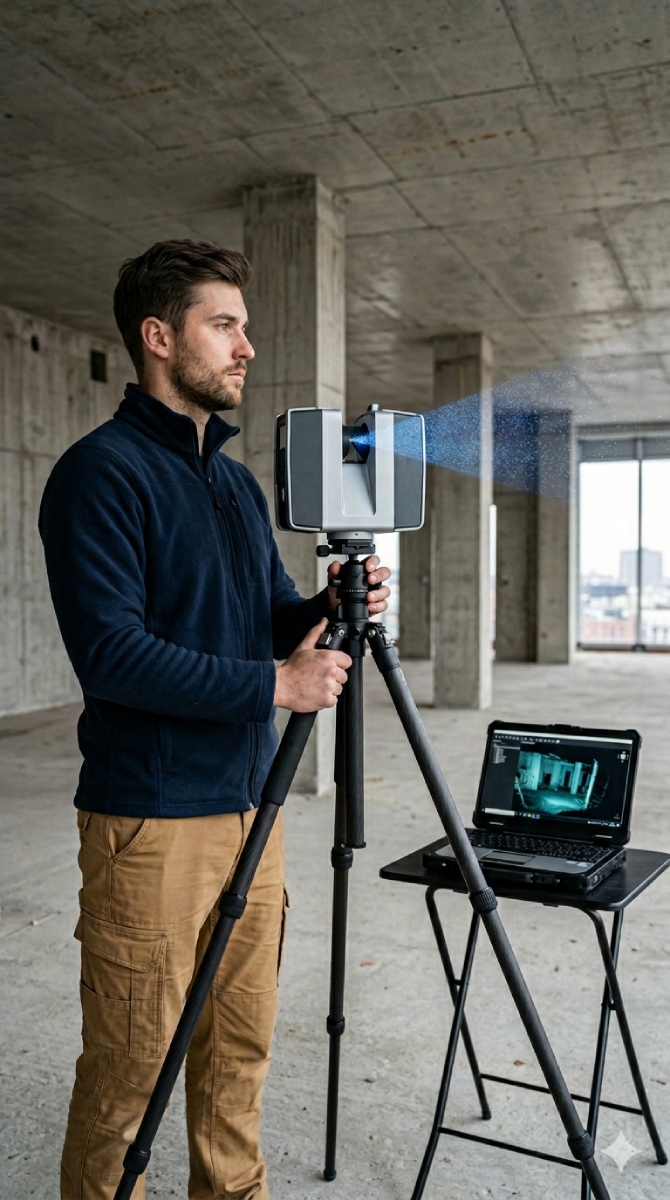 Opérateur effectuant un scan laser 3D dans un bâtiment en béton