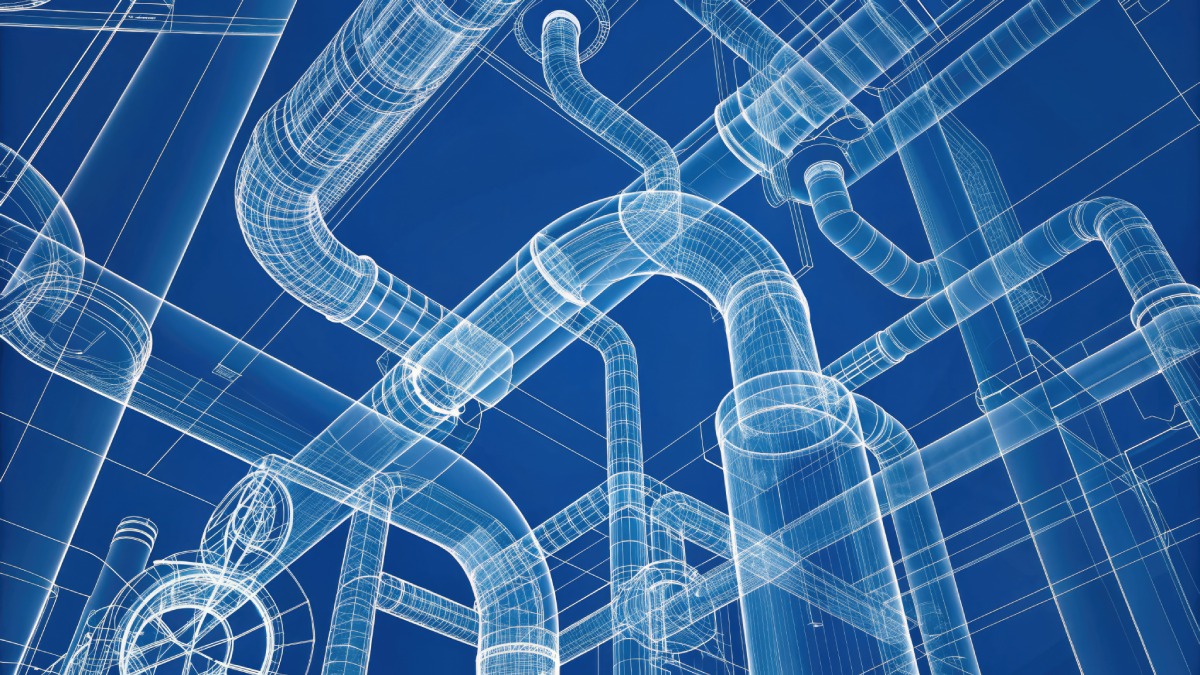 Schéma 3D de tuyauterie industrielle style blueprint sur fond bleu